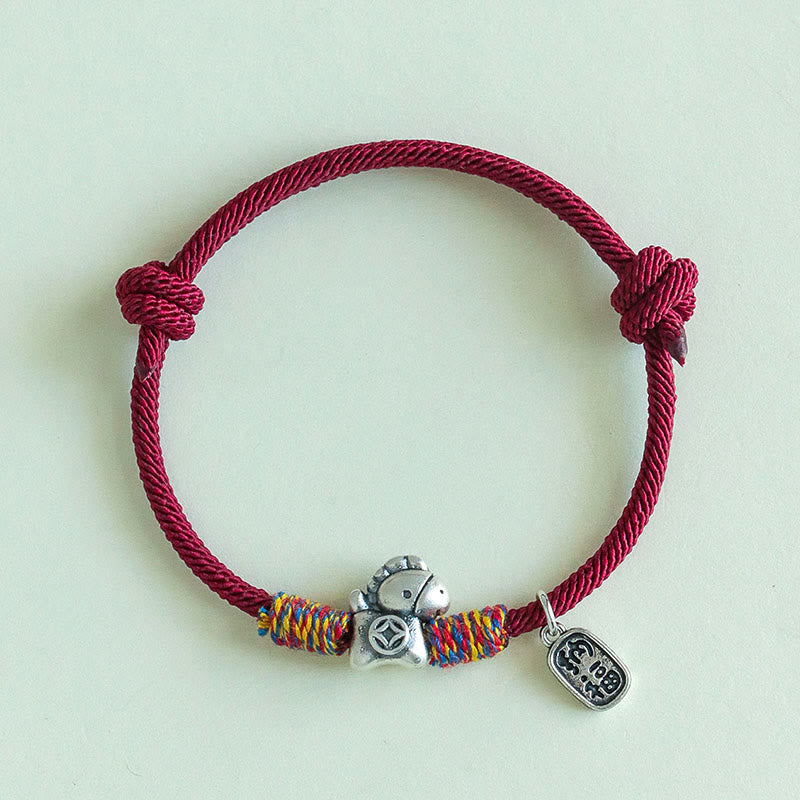 Fortune Jewel 999 Sterling Silver Year Of The Horse Fu Character Attract Fortune String Rope Luck Bracelet - Fortune Jewel