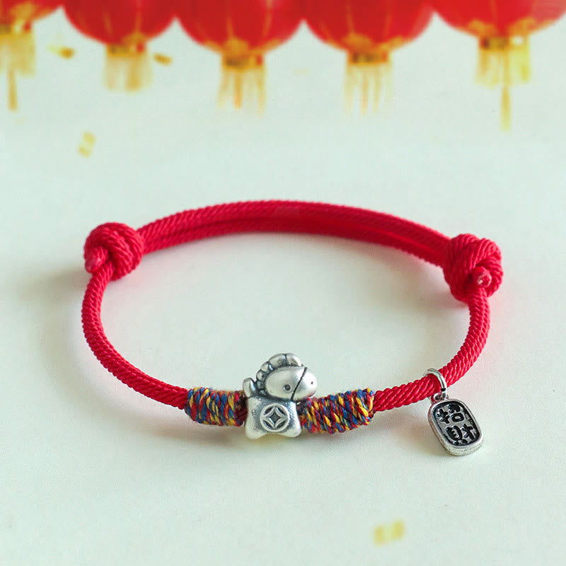 Fortune Jewel 999 Sterling Silver Year Of The Horse Fu Character Attract Fortune String Rope Luck Bracelet - Fortune Jewel
