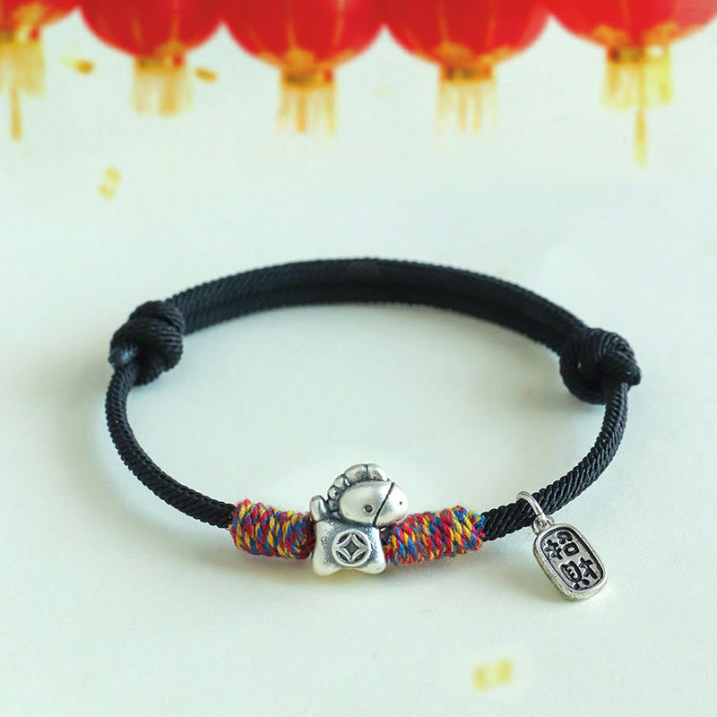 Fortune Jewel 999 Sterling Silver Year Of The Horse Fu Character Attract Fortune String Rope Luck Bracelet - Fortune Jewel