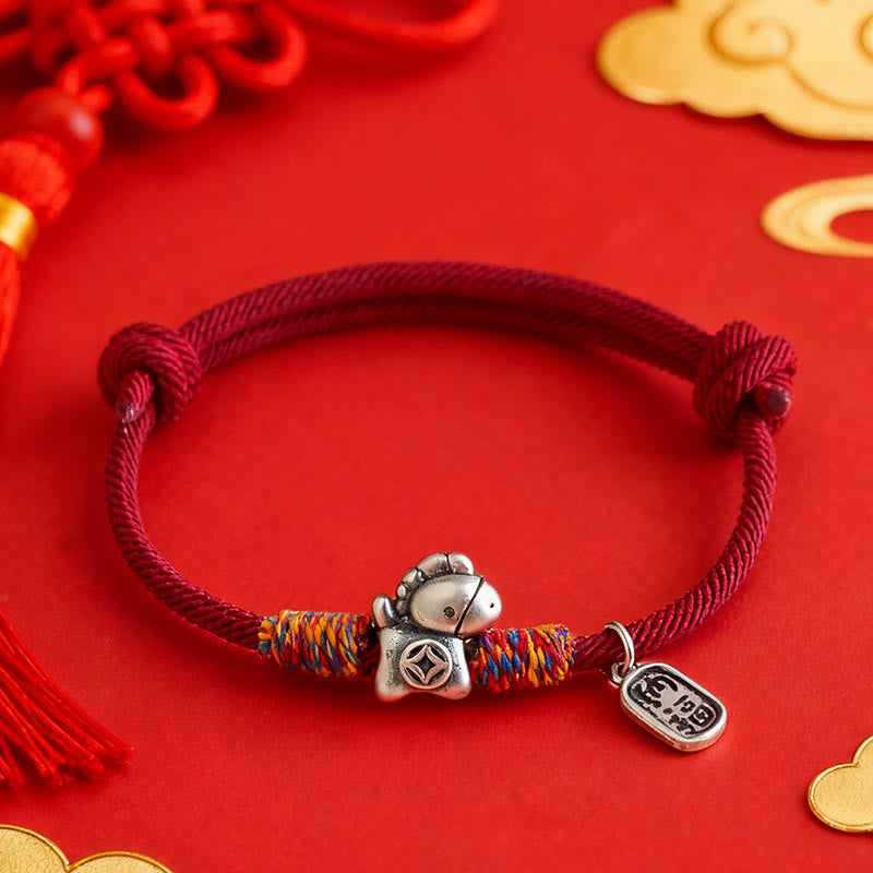 Fortune Jewel 999 Sterling Silver Year Of The Horse Fu Character Attract Fortune String Rope Luck Bracelet - Fortune Jewel