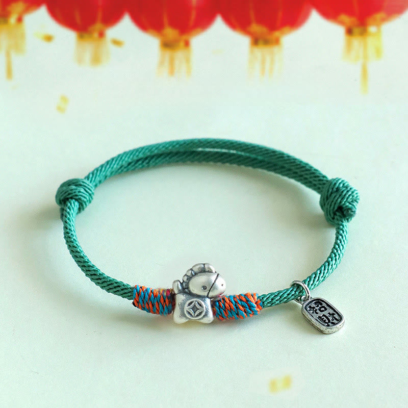 Fortune Jewel 999 Sterling Silver Year Of The Horse Fu Character Attract Fortune String Rope Luck Bracelet - Fortune Jewel