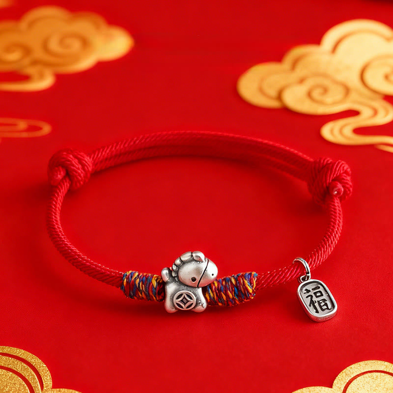 Fortune Jewel 999 Sterling Silver Year Of The Horse Fu Character Attract Fortune String Rope Luck Bracelet - Fortune Jewel