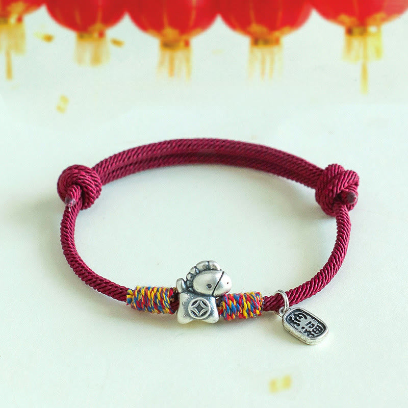 Fortune Jewel 999 Sterling Silver Year Of The Horse Fu Character Attract Fortune String Rope Luck Bracelet - Fortune Jewel