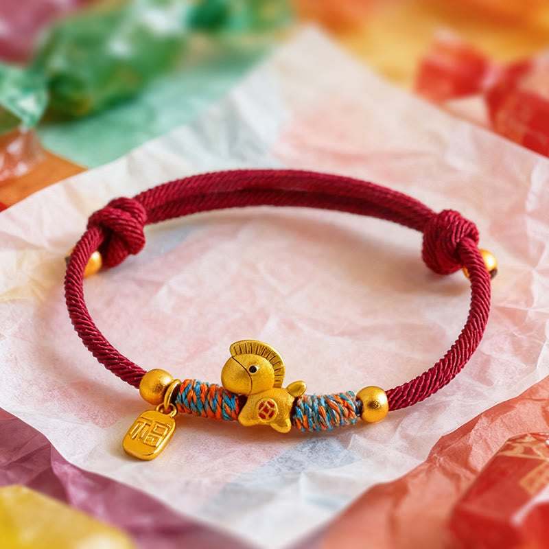Fortune Jewel 999 Sterling Silver Year Of The Horse Fu Character Charm Colorful String Rope Luck Bracelet - Fortune Jewel