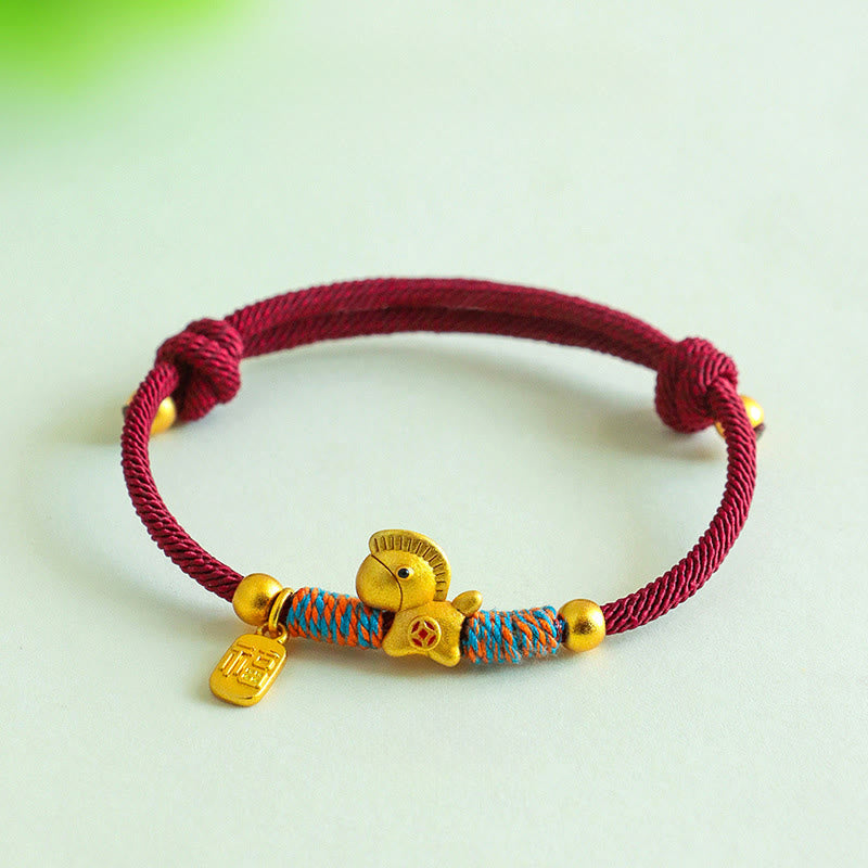 Fortune Jewel 999 Sterling Silver Year Of The Horse Fu Character Charm Colorful String Rope Luck Bracelet - Fortune Jewel