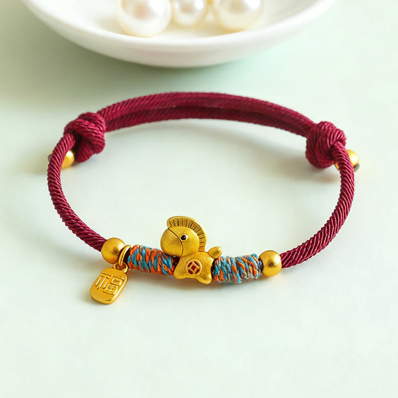 Fortune Jewel 999 Sterling Silver Year Of The Horse Fu Character Charm Colorful String Rope Luck Bracelet - Fortune Jewel
