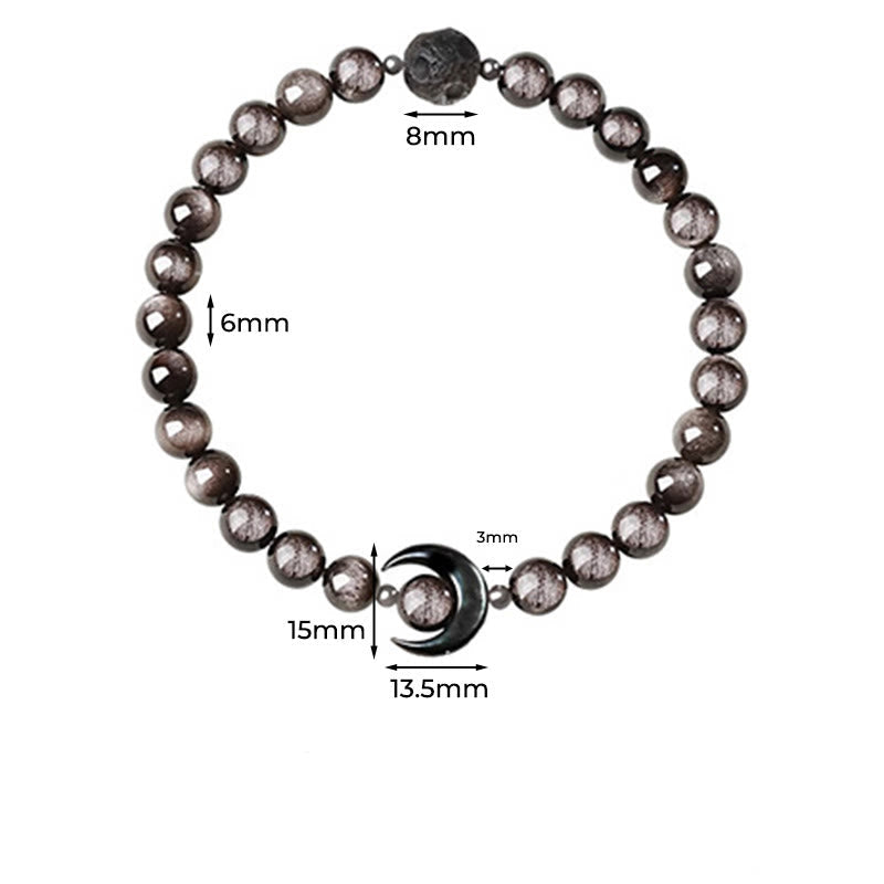 Fortune Jewel Moon Design Natural Silver Sheen Obsidian Protection Beaded Bracelet - Fortune Jewel