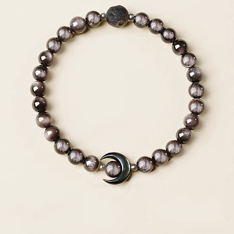 Fortune Jewel Moon Design Natural Silver Sheen Obsidian Protection Beaded Bracelet - Fortune Jewel