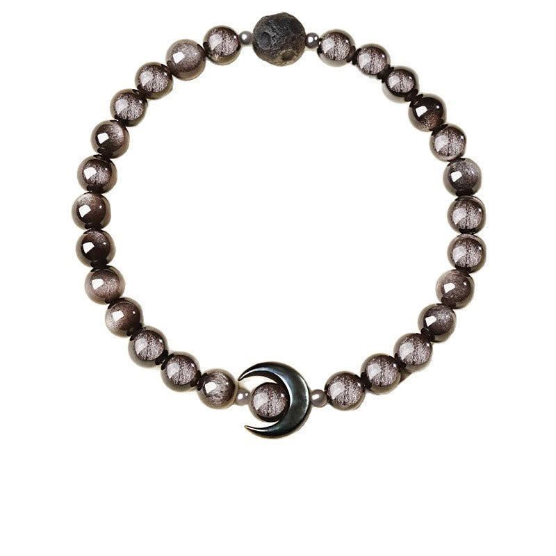 Fortune Jewel Moon Design Natural Silver Sheen Obsidian Protection Beaded Bracelet - Fortune Jewel