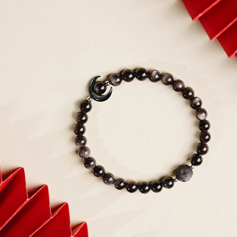 Fortune Jewel Moon Design Natural Silver Sheen Obsidian Protection Beaded Bracelet - Fortune Jewel