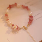 Fortune Jewel White Flower Pearl Natural Irregular Strawberry Quartz Healing Chain Bracelet - Fortune Jewel
