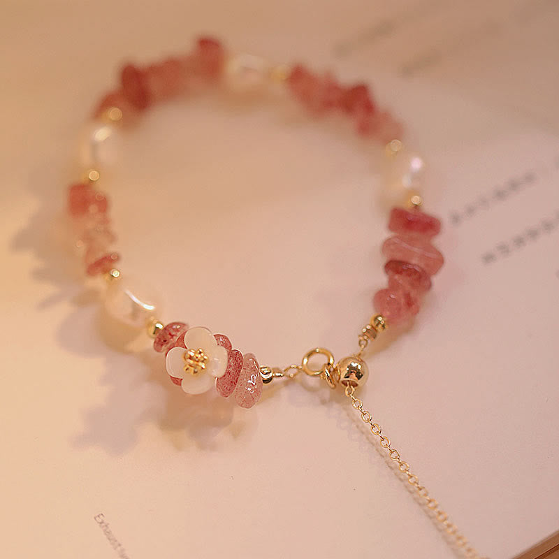 Fortune Jewel White Flower Pearl Natural Irregular Strawberry Quartz Healing Chain Bracelet - Fortune Jewel
