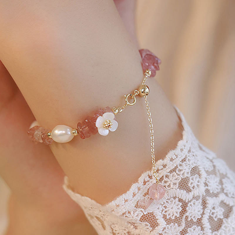 Fortune Jewel White Flower Pearl Natural Irregular Strawberry Quartz Healing Chain Bracelet - Fortune Jewel