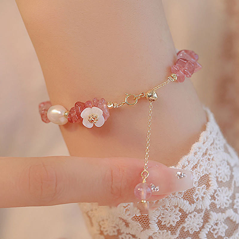 Fortune Jewel White Flower Pearl Natural Irregular Strawberry Quartz Healing Chain Bracelet - Fortune Jewel