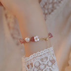 Fortune Jewel White Flower Pearl Natural Irregular Strawberry Quartz Healing Chain Bracelet - Fortune Jewel