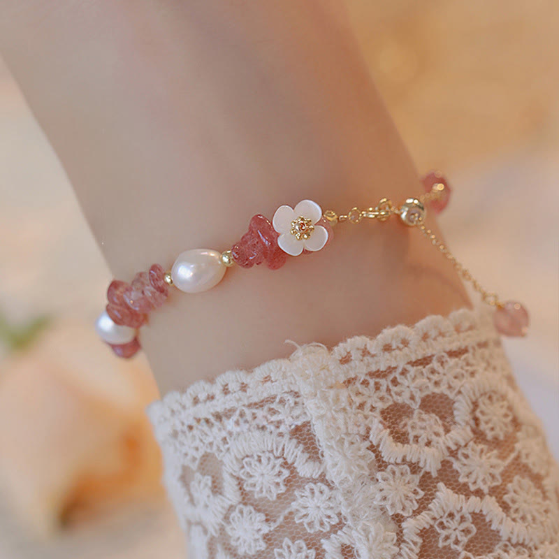 Fortune Jewel White Flower Pearl Natural Irregular Strawberry Quartz Healing Chain Bracelet - Fortune Jewel
