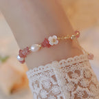 Fortune Jewel White Flower Pearl Natural Irregular Strawberry Quartz Healing Chain Bracelet - Fortune Jewel