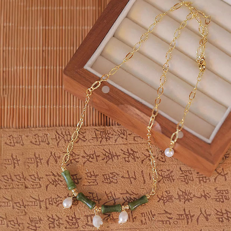 Fortune Jewel Tianshan Jade Bamboo Pearl Abundance Wealth Necklace Pendant - Fortune Jewel