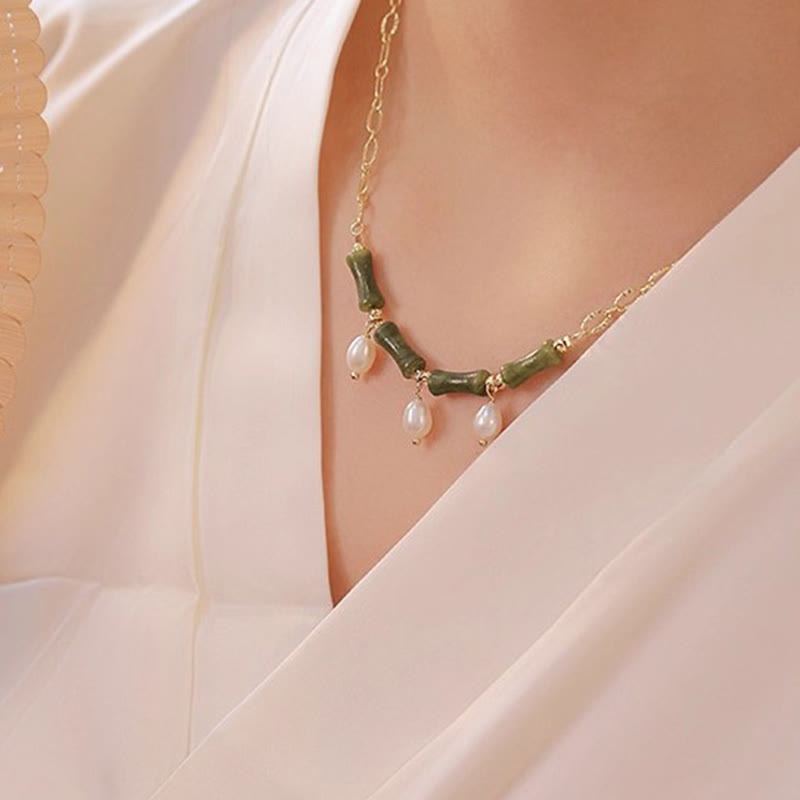 Fortune Jewel Tianshan Jade Bamboo Pearl Abundance Wealth Necklace Pendant - Fortune Jewel