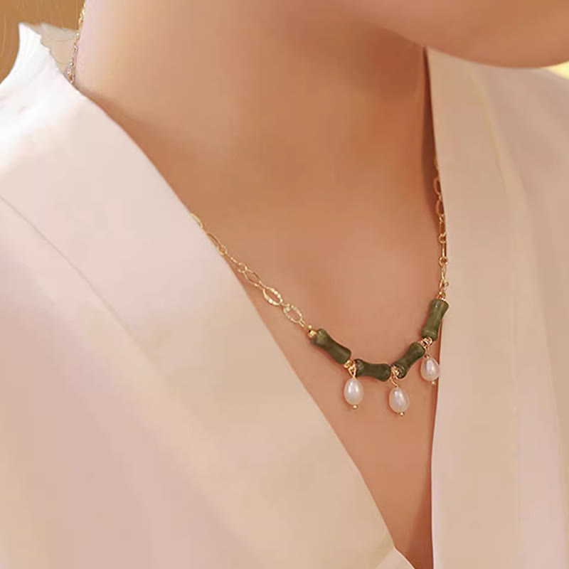 Fortune Jewel Tianshan Jade Bamboo Pearl Abundance Wealth Necklace Pendant - Fortune Jewel