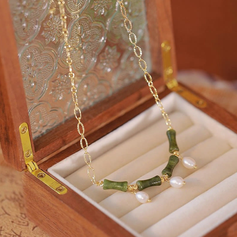 Fortune Jewel Tianshan Jade Bamboo Pearl Abundance Wealth Necklace Pendant - Fortune Jewel