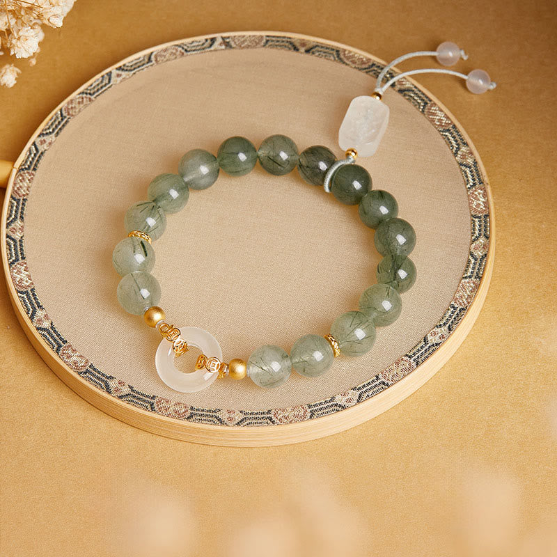 Fortune Jewel 925 Sterling Silver Green Rutilated Quartz White Chalcedony Peace Buckle Courage Bracelet - Fortune Jewel