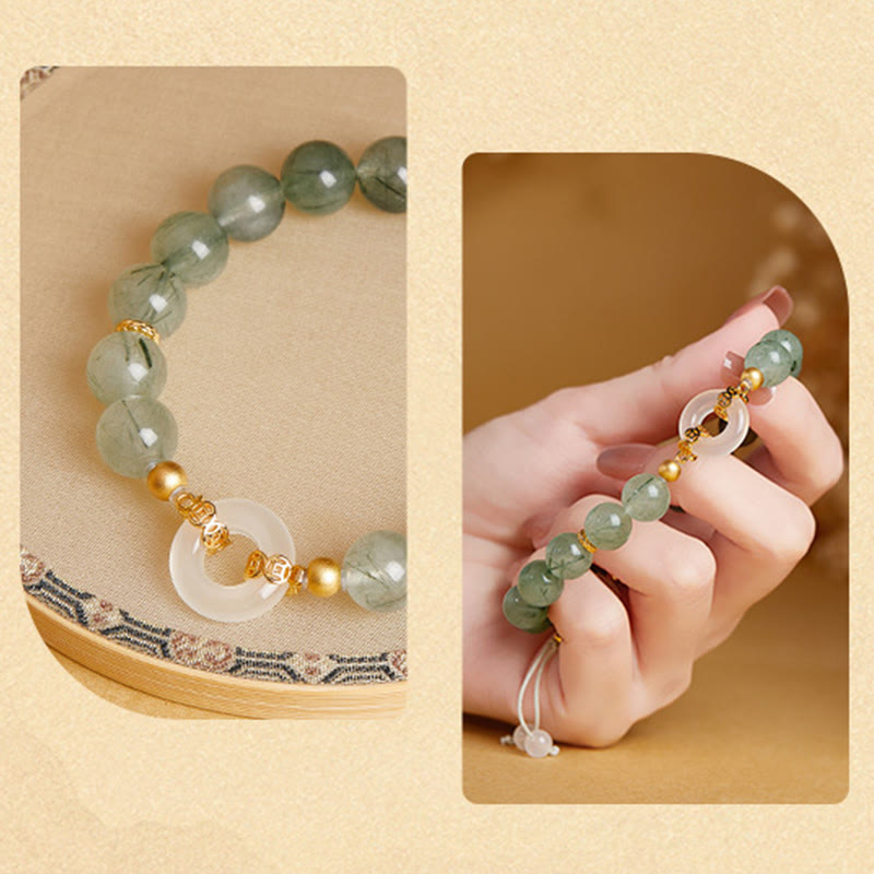 Fortune Jewel 925 Sterling Silver Green Rutilated Quartz White Chalcedony Peace Buckle Courage Bracelet - Fortune Jewel