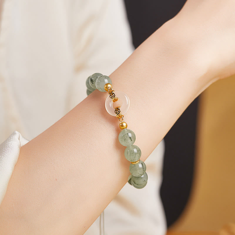 Fortune Jewel 925 Sterling Silver Green Rutilated Quartz White Chalcedony Peace Buckle Courage Bracelet - Fortune Jewel
