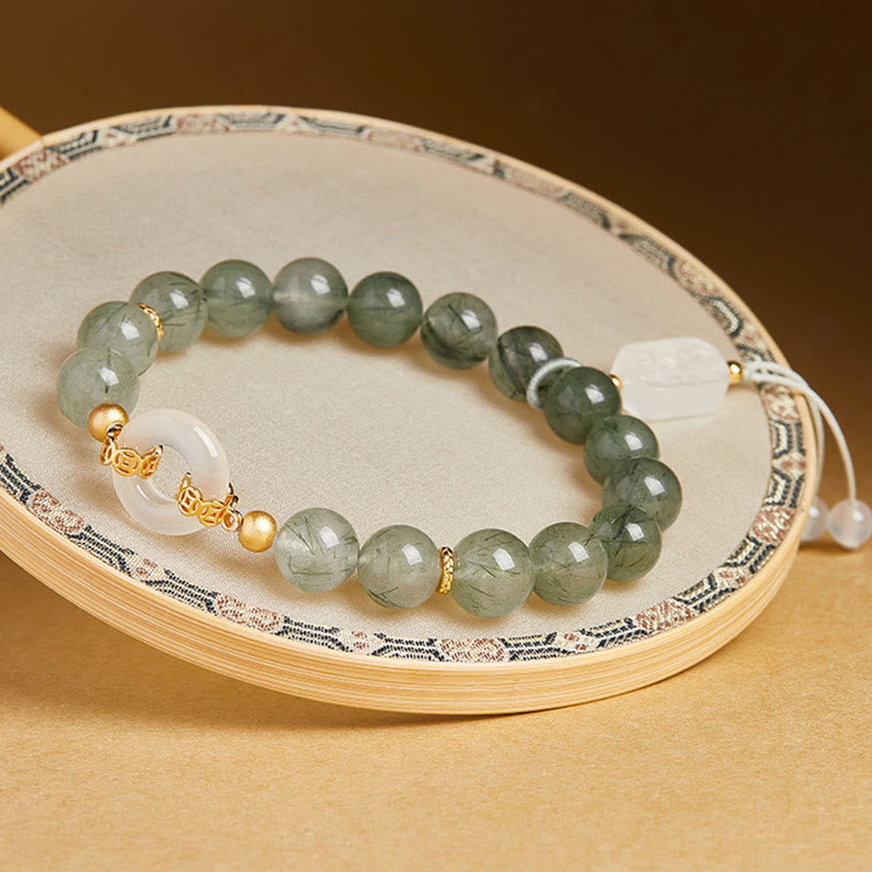 Fortune Jewel 925 Sterling Silver Green Rutilated Quartz White Chalcedony Peace Buckle Courage Bracelet - Fortune Jewel