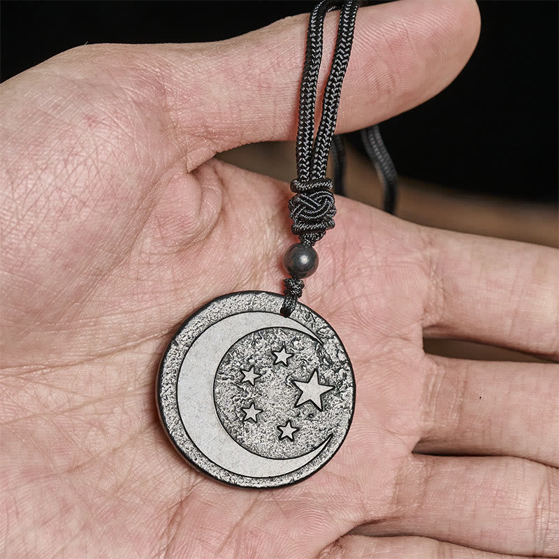 Fortune Jewel Moon Star Round Design Authentic Shungite Stone Protection Necklace Pendant - Fortune Jewel