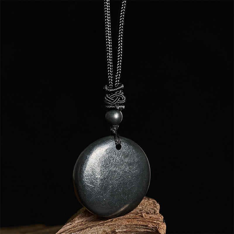 Buddha Stones Geometric Round Authentic Shungite Stone Rope Inner Strength Necklace Pendant - Fortune Jewel