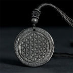Fortune Jewel Flower of Life Carving Design Authentic Shungite Stone Protection Necklace Pendant - Fortune Jewel