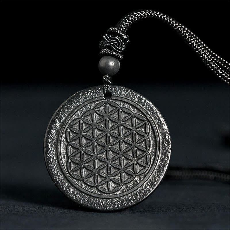 Fortune Jewel Flower of Life Carving Design Authentic Shungite Stone Protection Necklace Pendant - Fortune Jewel