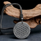 Fortune Jewel Flower of Life Carving Design Authentic Shungite Stone Protection Necklace Pendant - Fortune Jewel