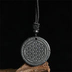 Fortune Jewel Flower of Life Carving Design Authentic Shungite Stone Protection Necklace Pendant - Fortune Jewel