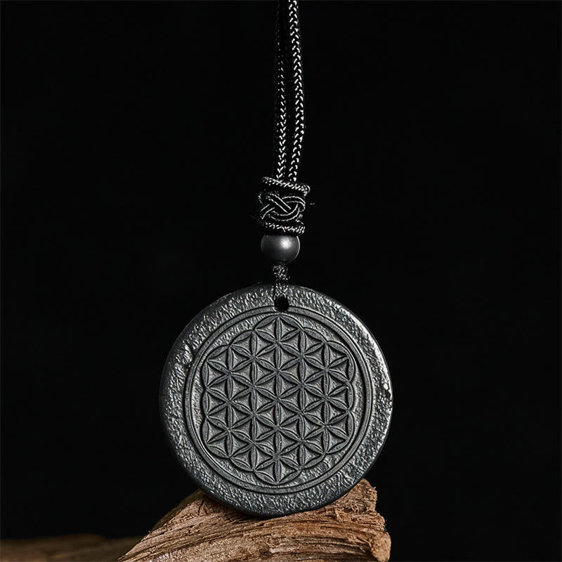 Fortune Jewel Flower of Life Carving Design Authentic Shungite Stone Protection Necklace Pendant - Fortune Jewel