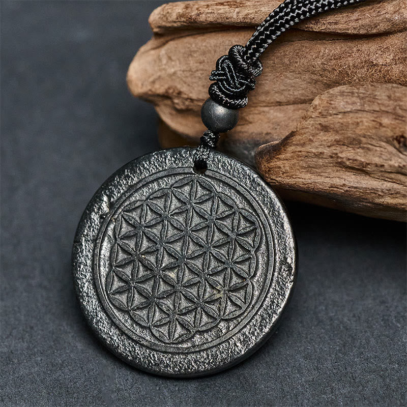 Fortune Jewel Flower of Life Carving Design Authentic Shungite Stone Protection Necklace Pendant - Fortune Jewel