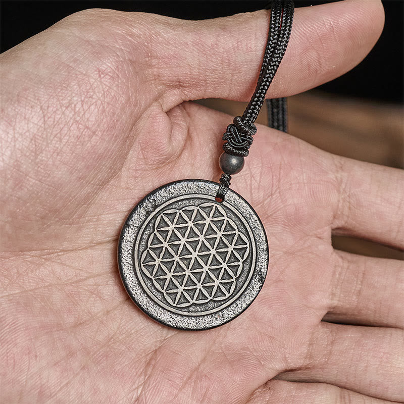 Fortune Jewel Flower of Life Carving Design Authentic Shungite Stone Protection Necklace Pendant - Fortune Jewel