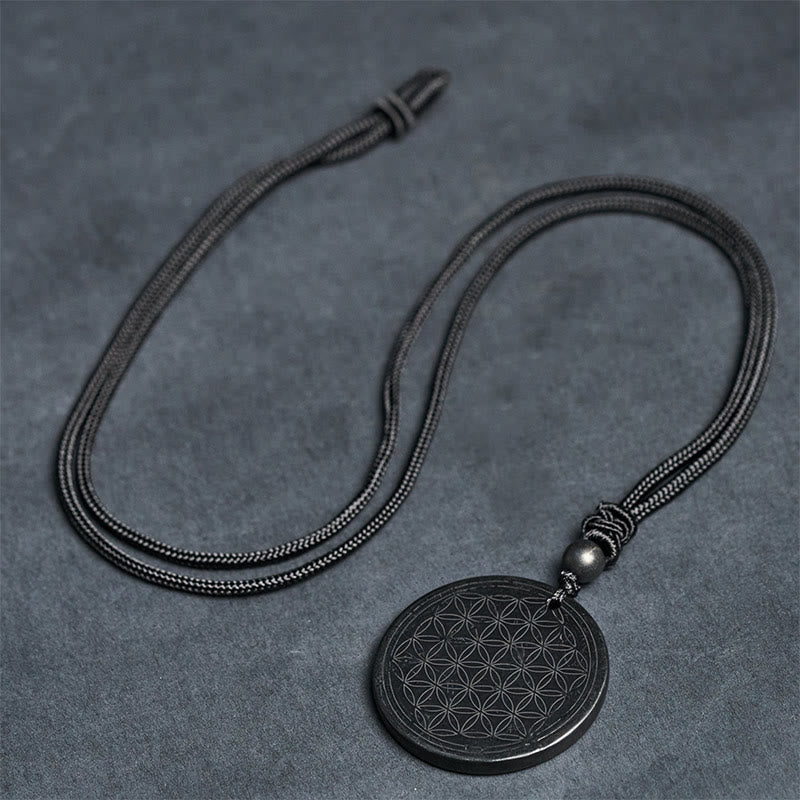 Fortune Jewel Flower of Life Carving Design Authentic Shungite Stone Protection Necklace Pendant - Fortune Jewel