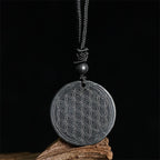 Fortune Jewel Flower of Life Carving Design Authentic Shungite Stone Protection Necklace Pendant - Fortune Jewel