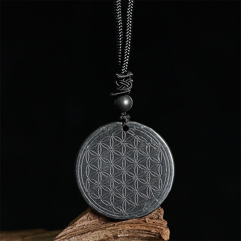 Fortune Jewel Flower of Life Carving Design Authentic Shungite Stone Protection Necklace Pendant - Fortune Jewel