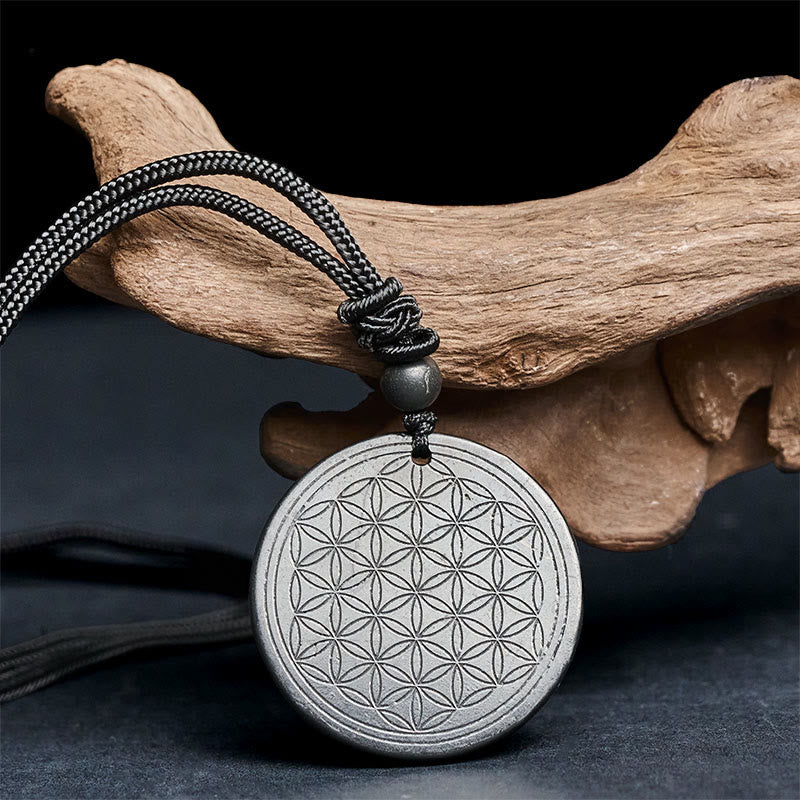 Fortune Jewel Flower of Life Carving Design Authentic Shungite Stone Protection Necklace Pendant - Fortune Jewel