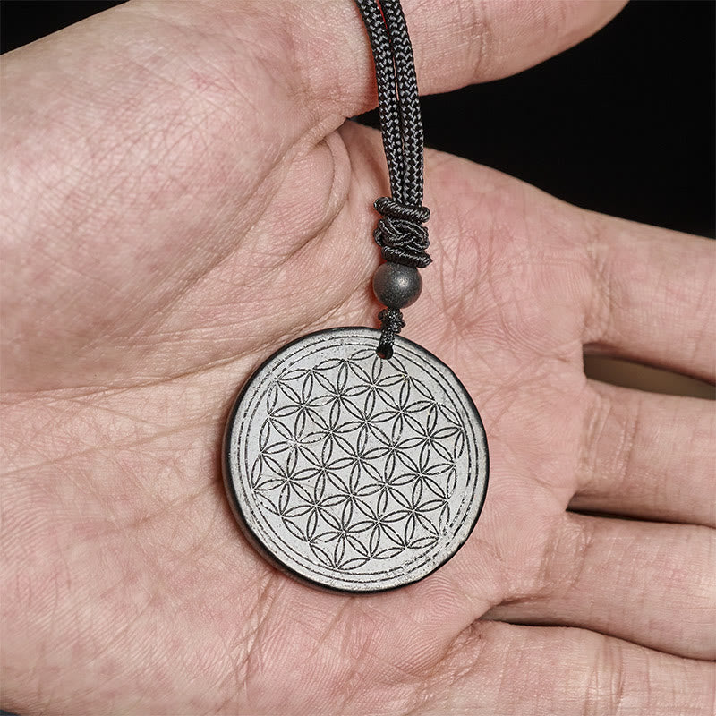 Fortune Jewel Flower of Life Carving Design Authentic Shungite Stone Protection Necklace Pendant - Fortune Jewel