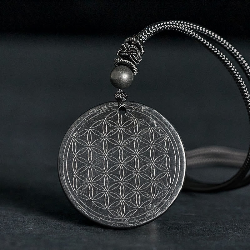 Fortune Jewel Flower of Life Carving Design Authentic Shungite Stone Protection Necklace Pendant - Fortune Jewel