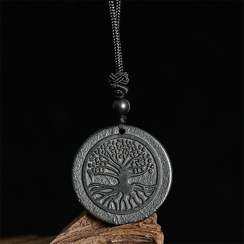 Fortune Jewel The Tree of Life Carving Pattern Authentic Shungite Stone Protection Necklace Pendant - Fortune Jewel