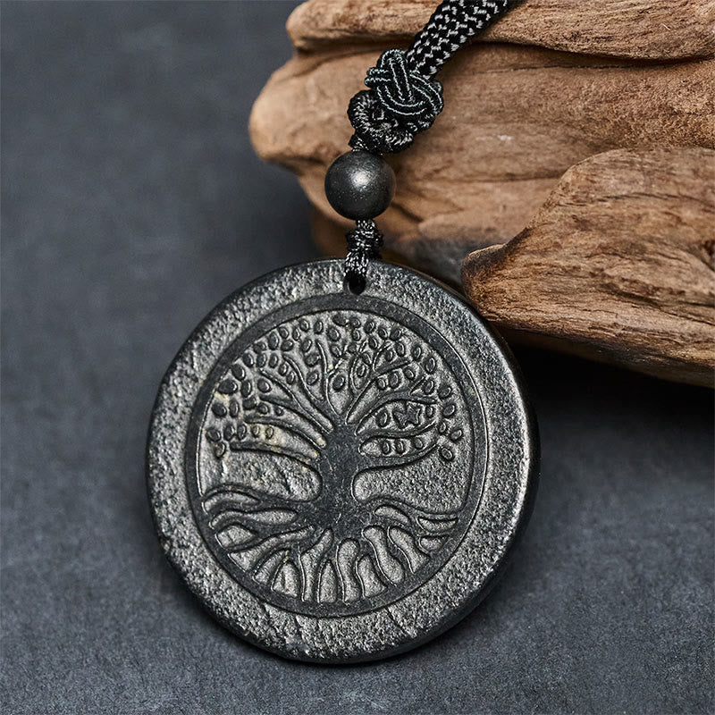 Fortune Jewel The Tree of Life Carving Pattern Authentic Shungite Stone Protection Necklace Pendant - Fortune Jewel
