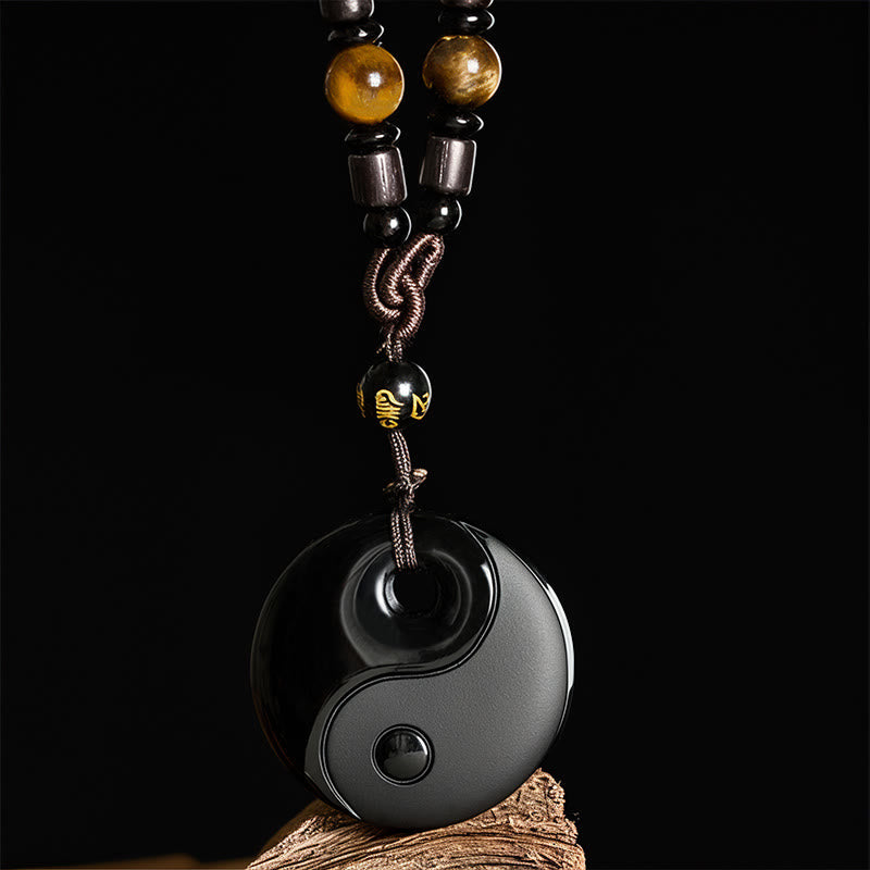 Fortune Jewel Yin Yang Symbol Om Mani Padme Hum Black Obsidian Strength Necklace Pendant - Fortune Jewel