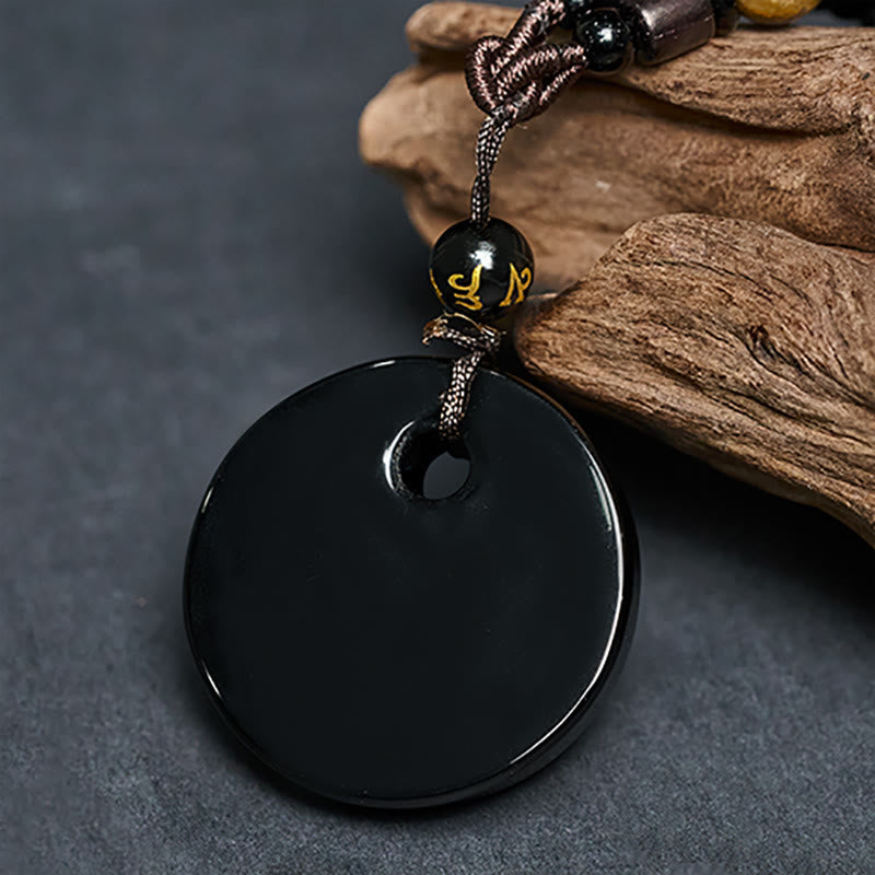 Fortune Jewel Yin Yang Symbol Om Mani Padme Hum Black Obsidian Strength Necklace Pendant - Fortune Jewel
