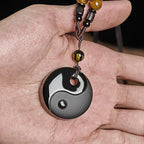 Fortune Jewel Yin Yang Symbol Om Mani Padme Hum Black Obsidian Strength Necklace Pendant - Fortune Jewel