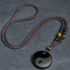 Fortune Jewel Yin Yang Symbol Om Mani Padme Hum Black Obsidian Strength Necklace Pendant - Fortune Jewel